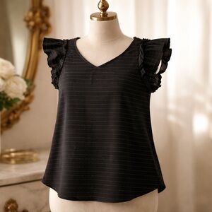 89th + Madison XL Navy Blue V-Neck Top Ruffle Sleeve Silver Stripe